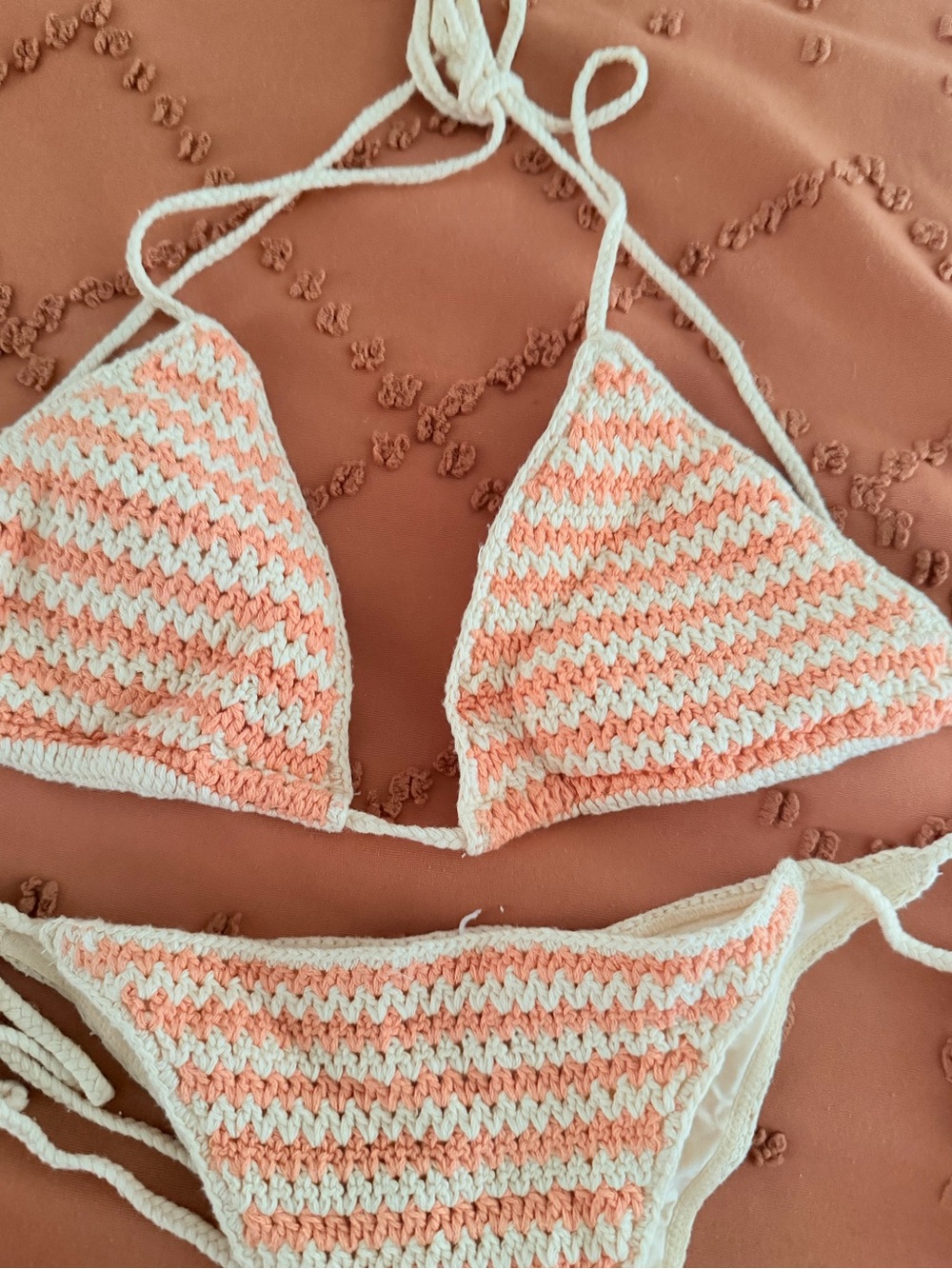 RVCA Crochet Triangle Bikini Set in Peach and White small